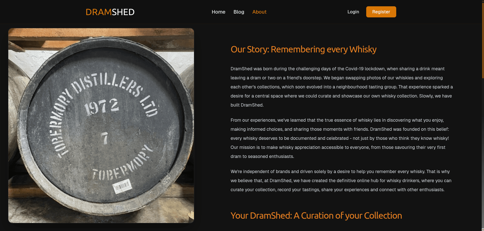 DramShed About page — founders story and whisky barrel photography