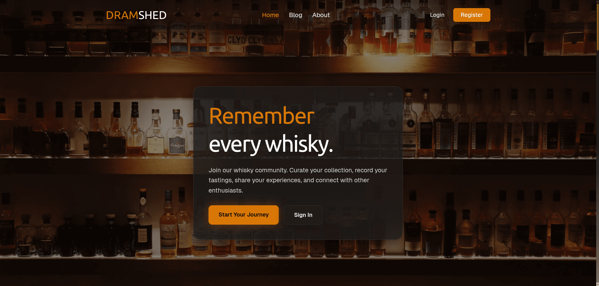 DramShed landing page — whisky community homepage with hero section